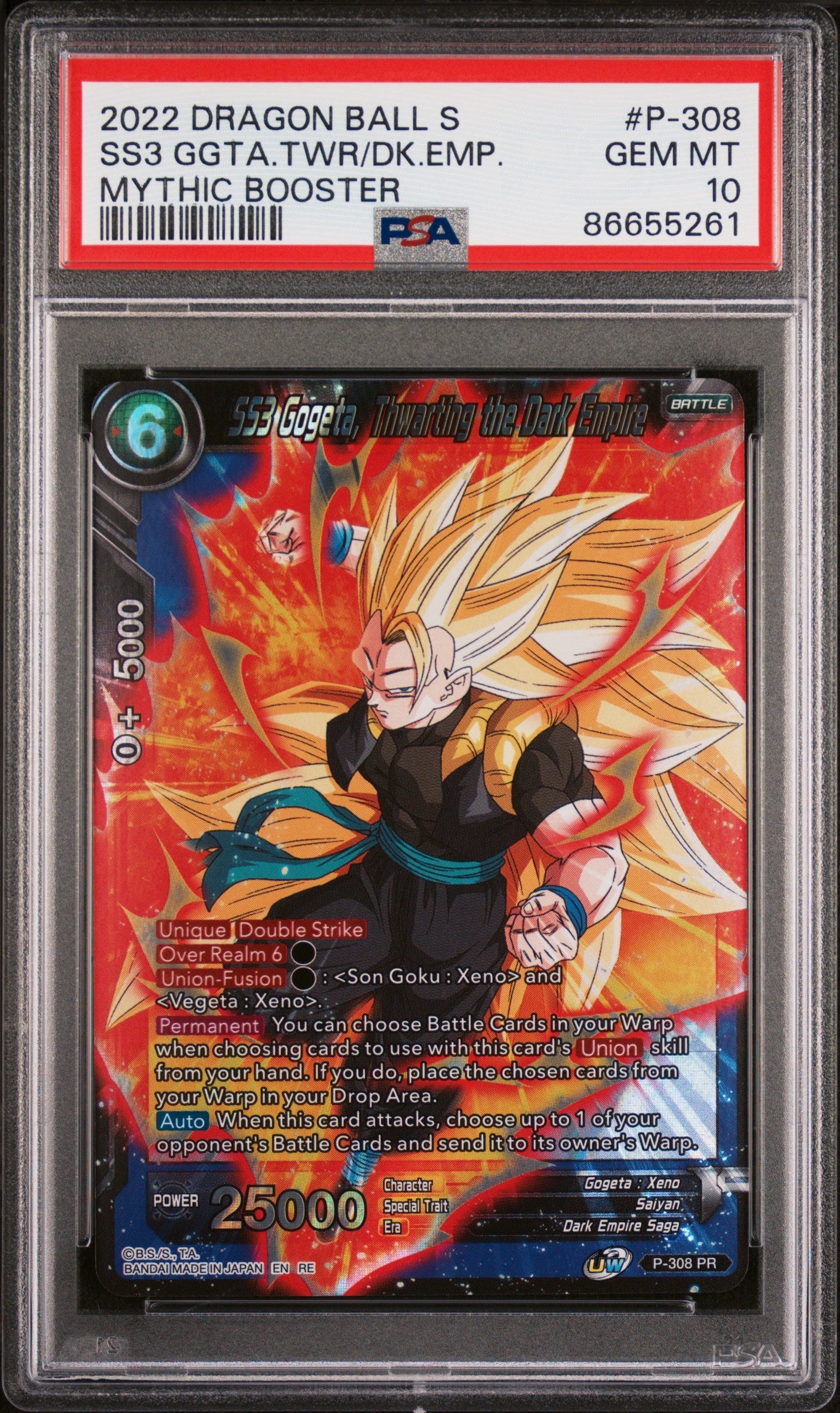 2022 DRAGON BALL SUPER MYTHIC BOOSTER SS3 GOGETA, THWRT/EMP #P-308 - PSA 10