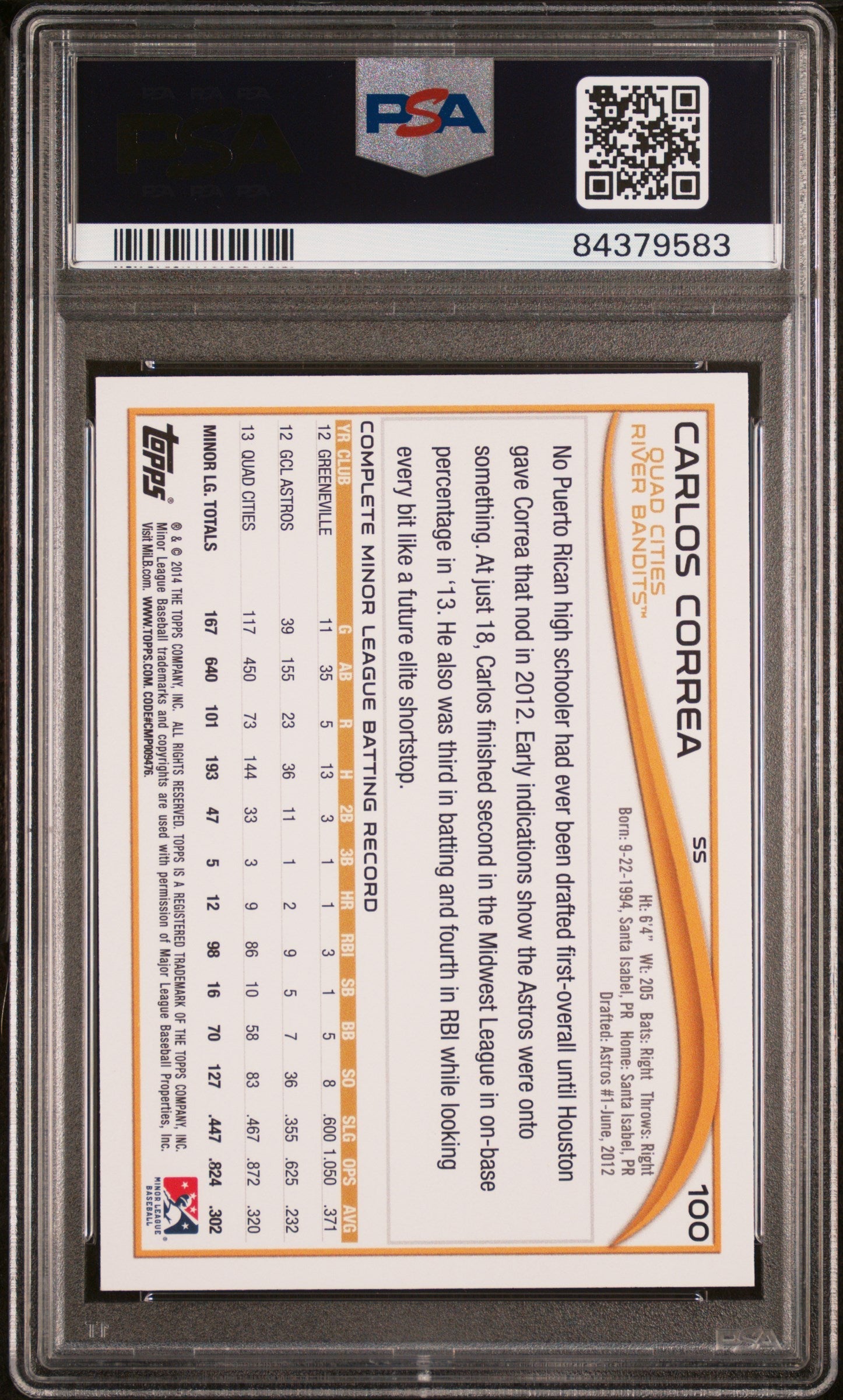 2014 TOPPS PRO DEBUT CARLOS CORREA NO NMBR ON JERSEY FRONT #100 - PSA 10 ROOKIE CARD