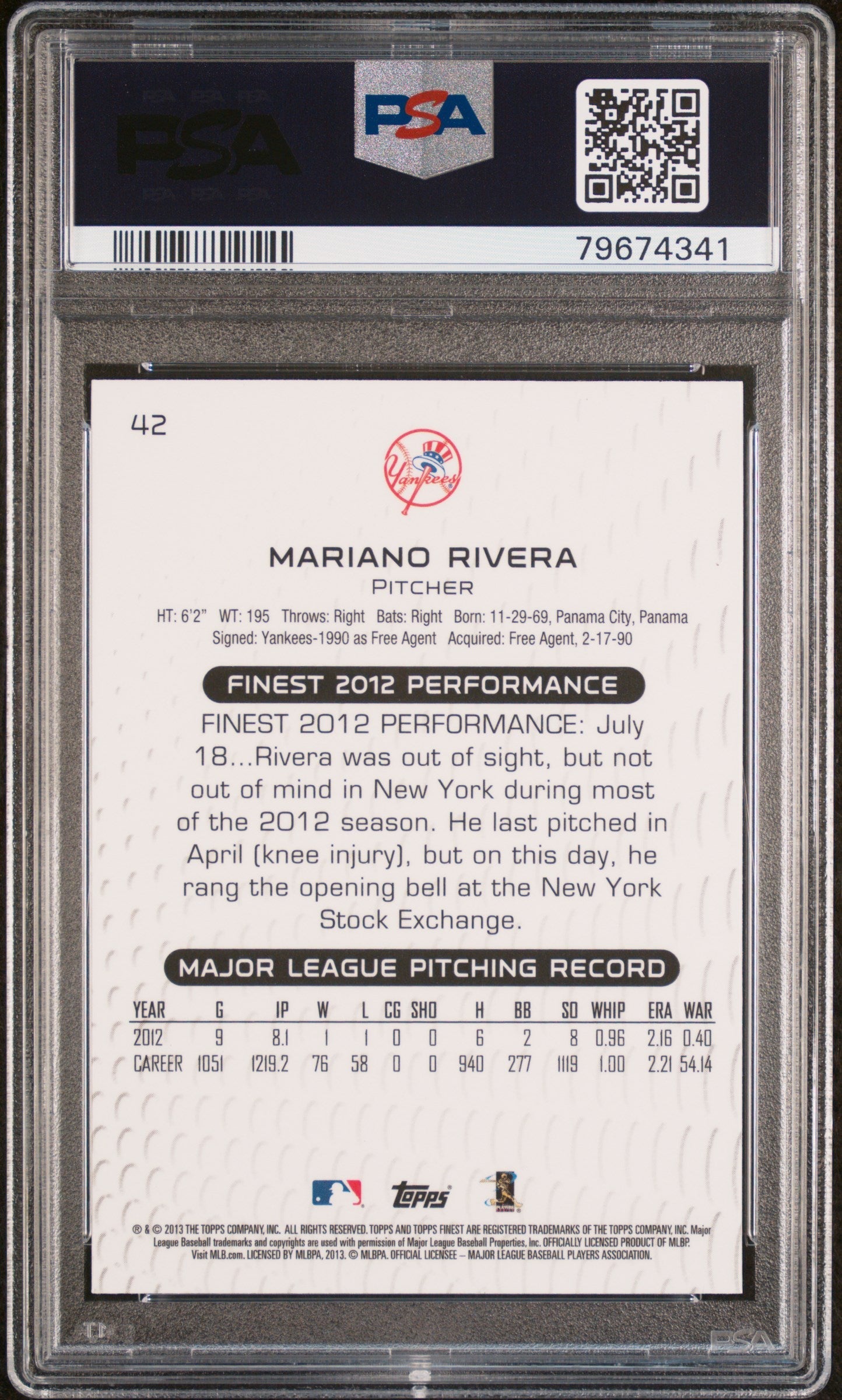 2013 FINEST MARIANO RIVERA  #42 - PSA 10