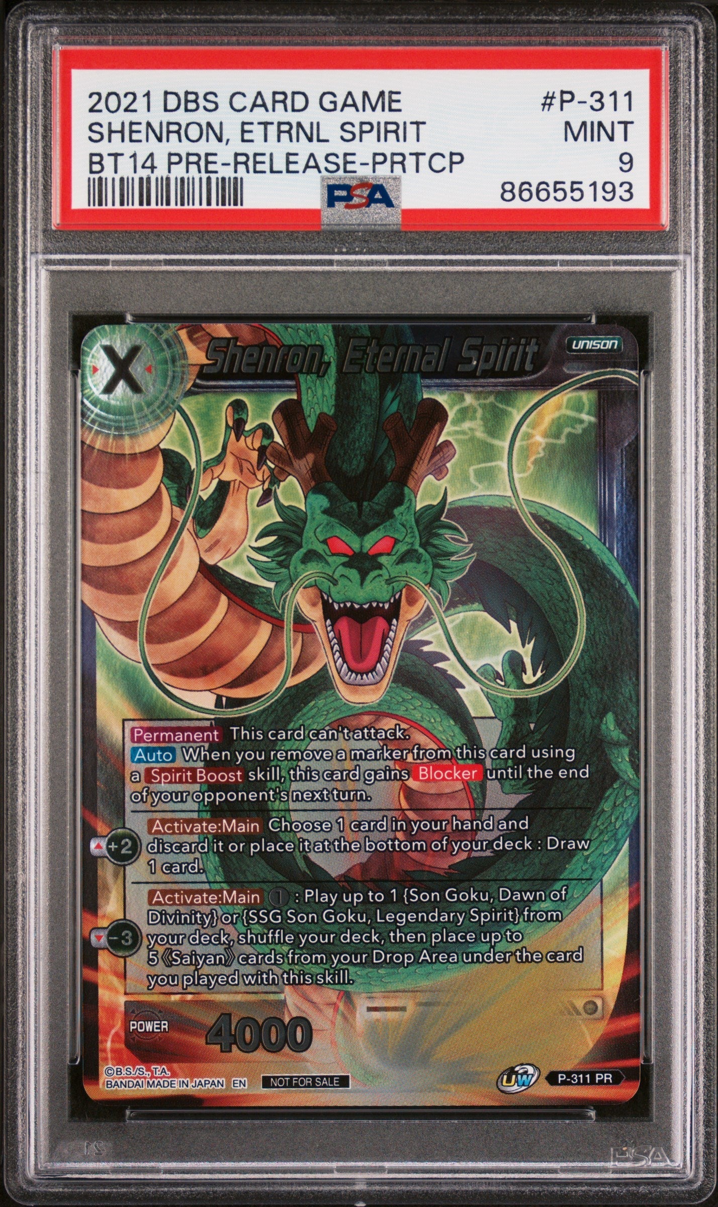 2021 DRAGON BALL SUPER CROSS SPIRITS SHENRON, ETRNL SPIRIT #P-311 - PSA 9