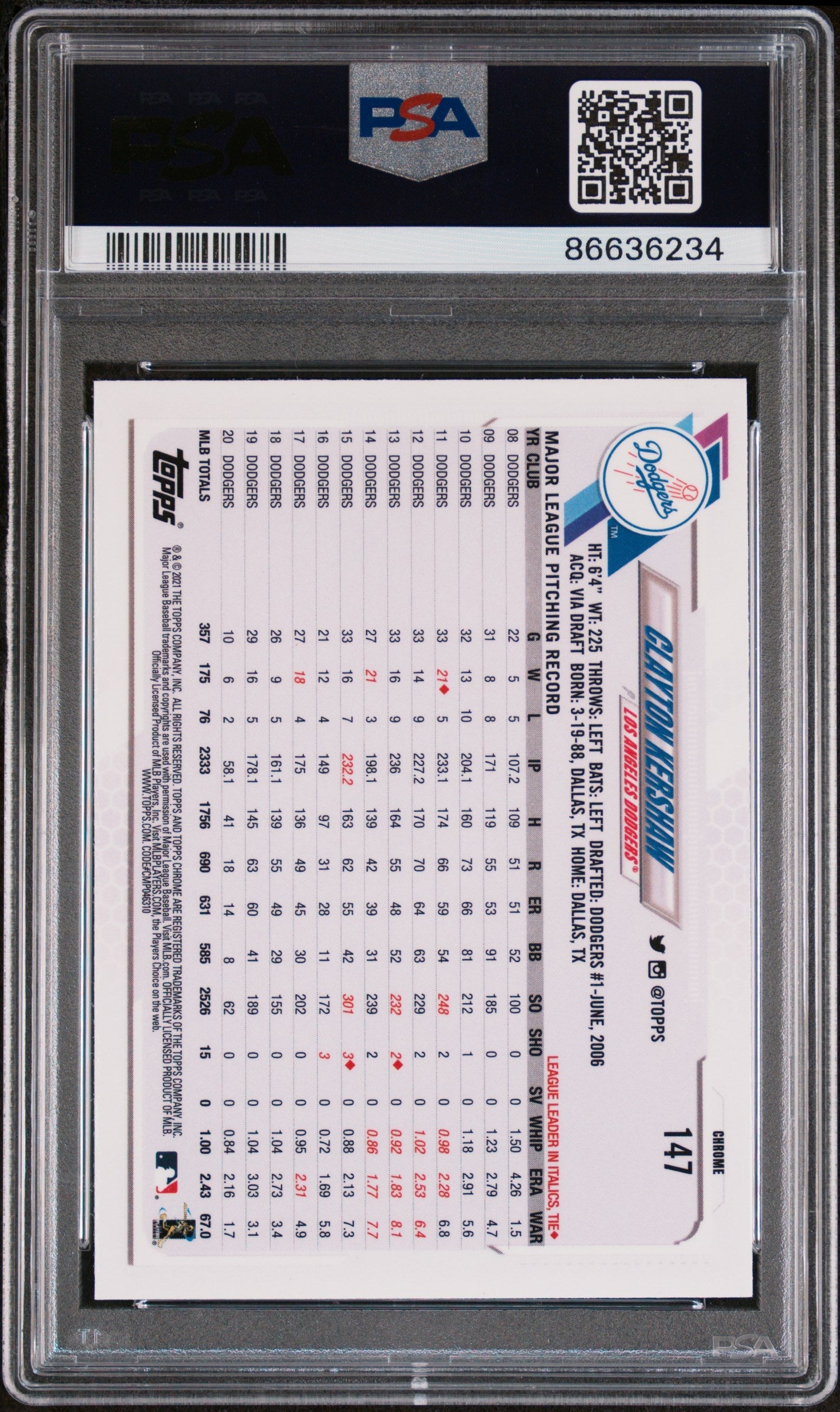 2021 TOPPS CHROME CLAYTON KERSHAW  #147 - PSA 10
