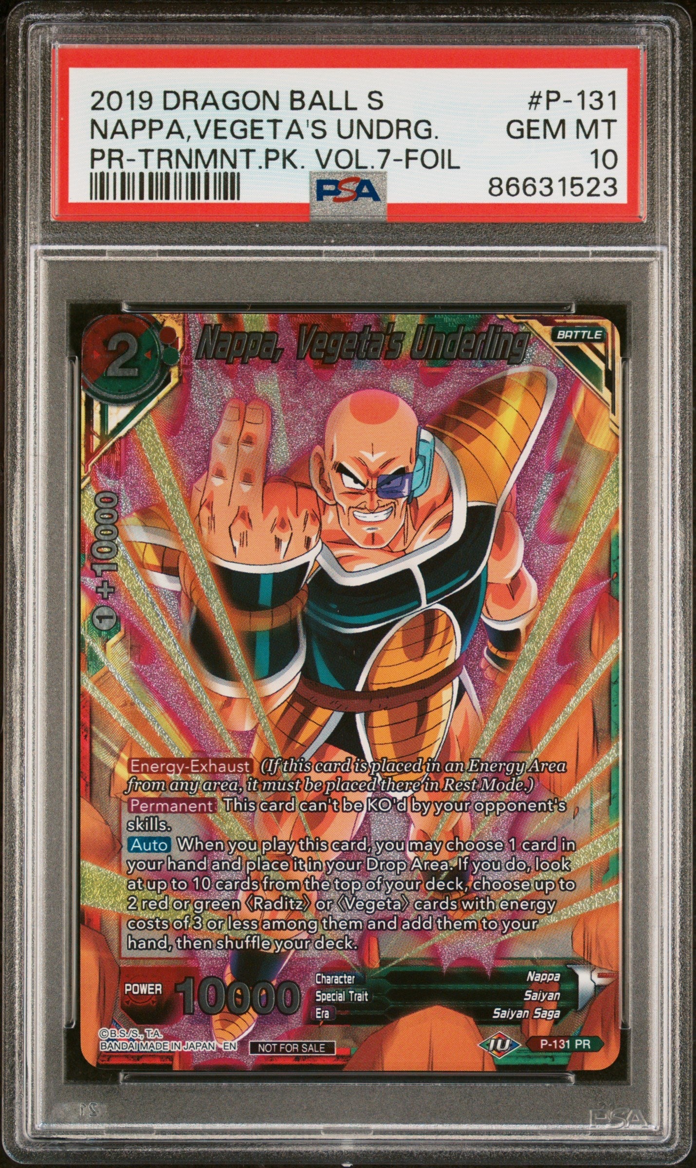 2019 DRAGON BALL SUPER NAPPA,VEGETA'S UNDRG. #P-131 - PSA 10
