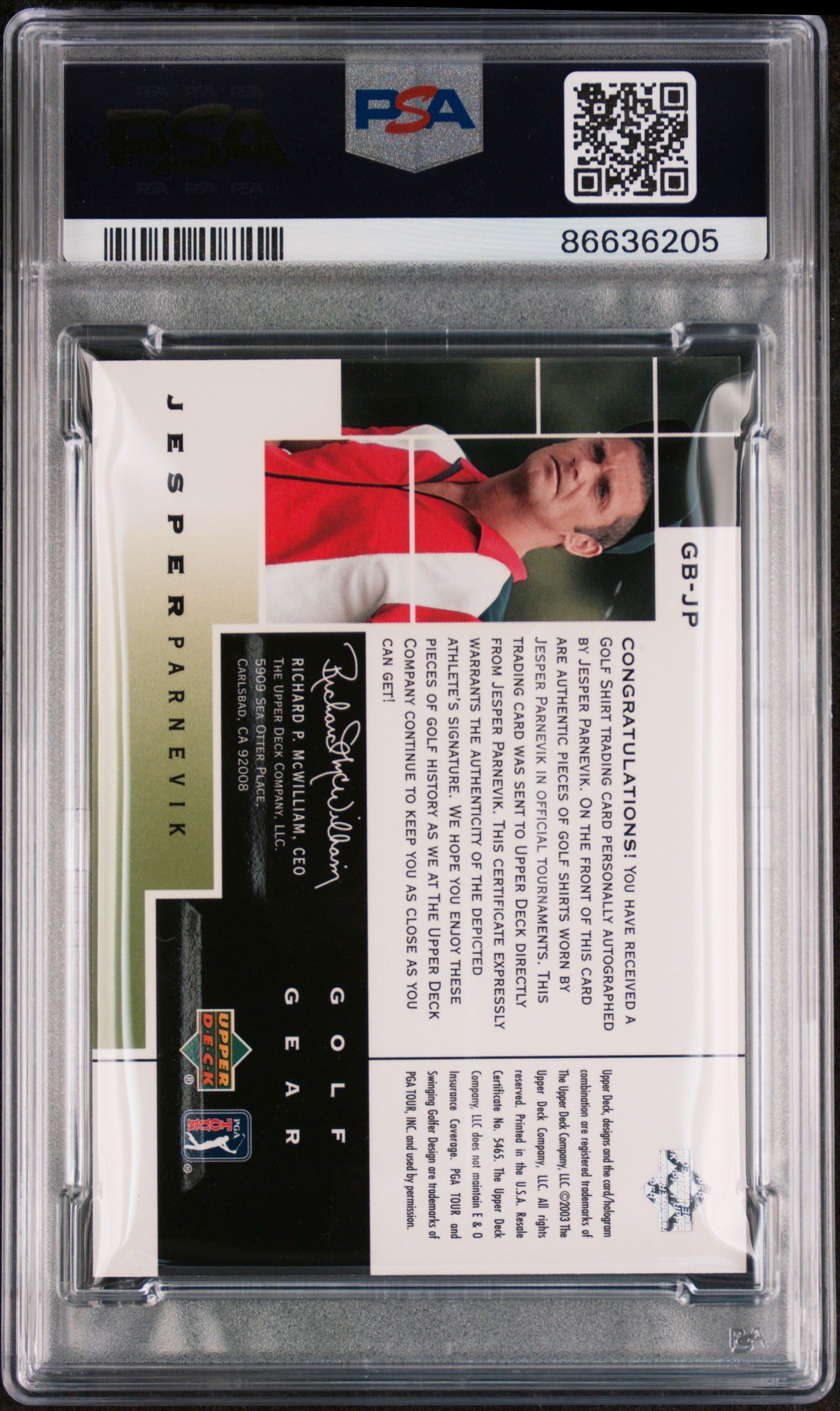 2003 UPPER DECK GOLF GEAR BIRDIE AUTOGRAPHS JESPER PARNEVIK GOLF GEAR BIRDIE-AUTO. #GB-JP - PSA 9