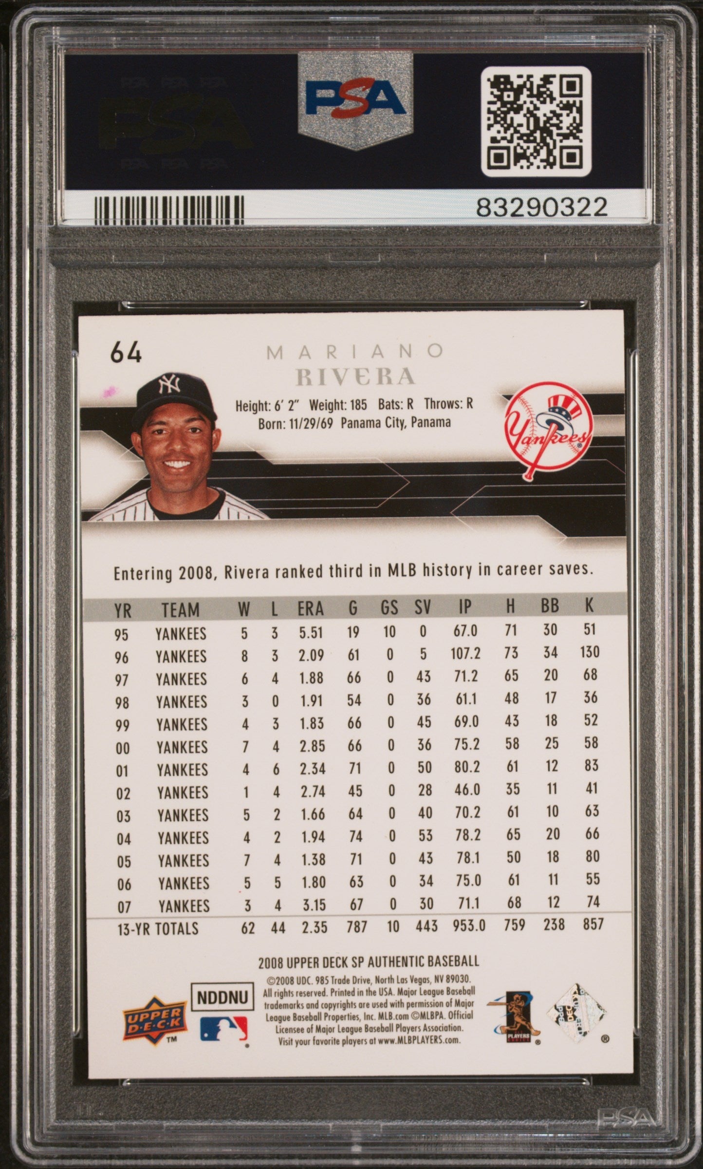 2008 SP AUTHENTIC MARIANO RIVERA  #64 - PSA 10