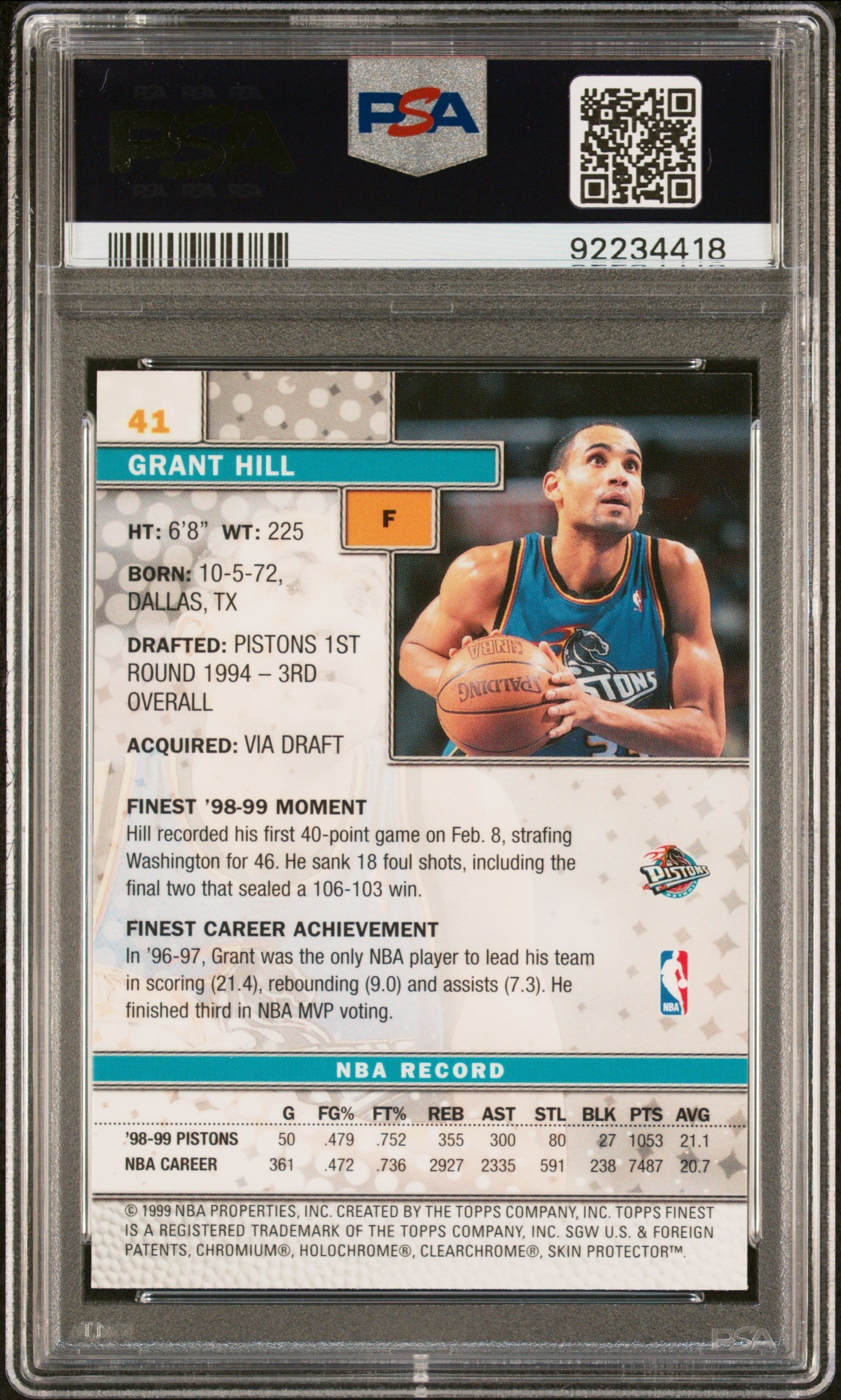 1999 FINEST GRANT HILL  #41 - PSA 10