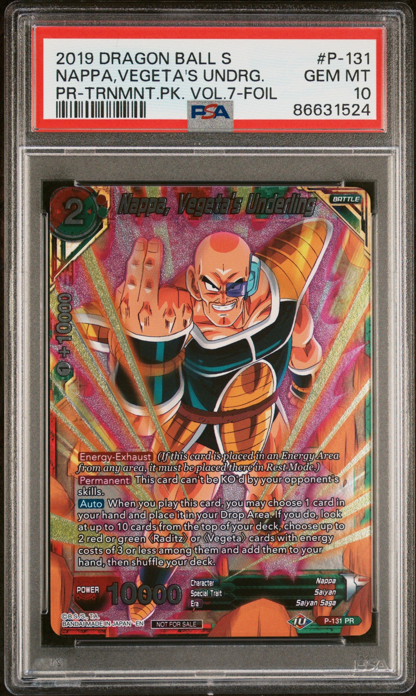 2019 DRAGON BALL SUPER NAPPA,VEGETA'S UNDRG. #P-131 - PSA 10