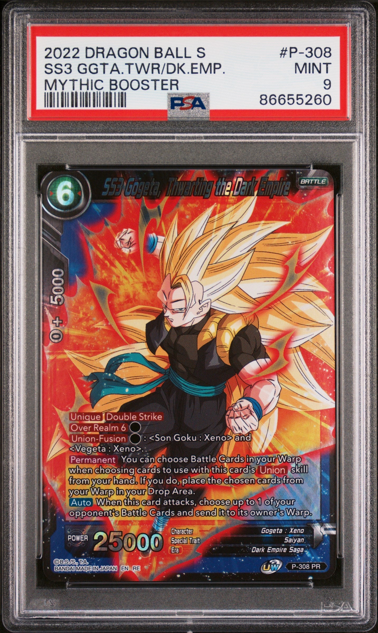 2022 DRAGON BALL SUPER MYTHIC BOOSTER SS3 GOGETA, THWRT/EMP #P-308 - PSA 9