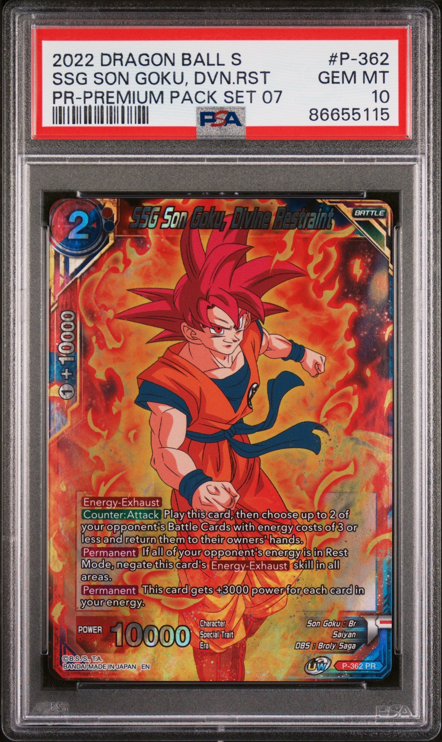 2022 DRAGON BALL SUPER REALM OF THE GODS 7 SSG GOKU, DVN RSTRNT #P-362 - PSA 10